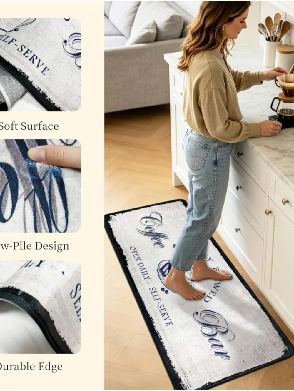 Coffee Bar Kitchen Runner Rug | 20x48 Plush Anti-Fatigue Rug | Non-Slip Backing